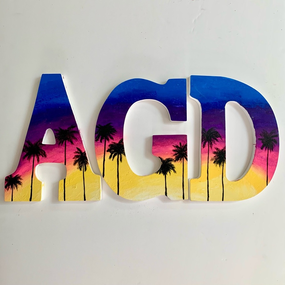 AGD Alpha Gamma Delta sorority sunset  and palm trees hand painted wall art